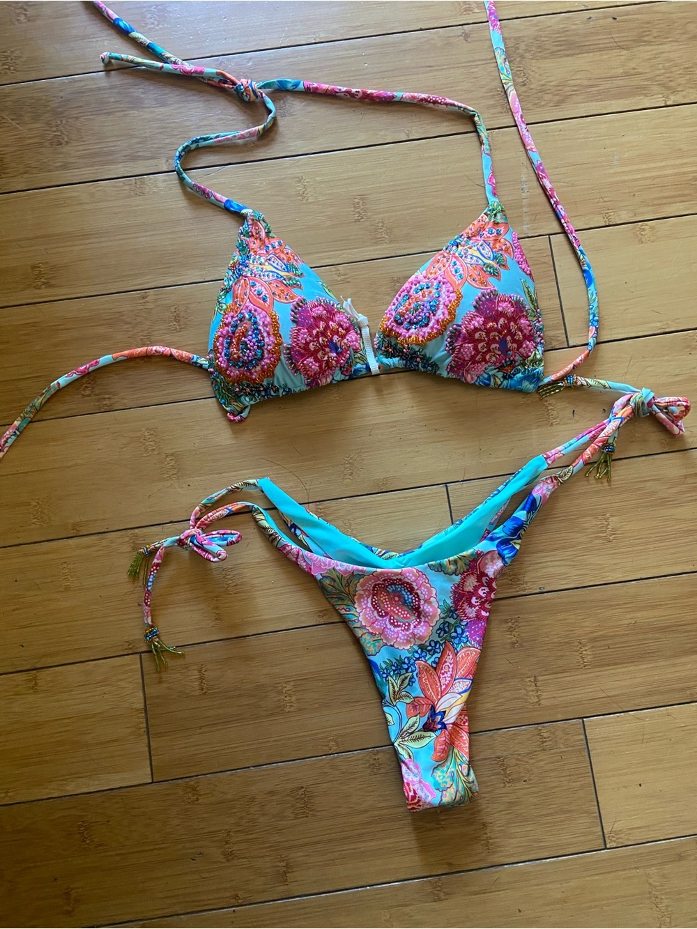 Colombian Beaded Swim Floral Tie-Side Triangle Bikini Set — Bright Aqua & Pink